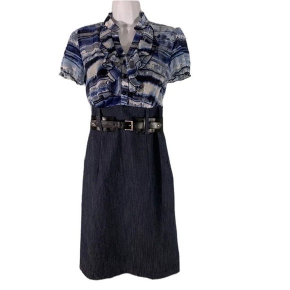 AB Studio Women’s Size 14 Belted Look Denim Mixed Media Dress Blue Black